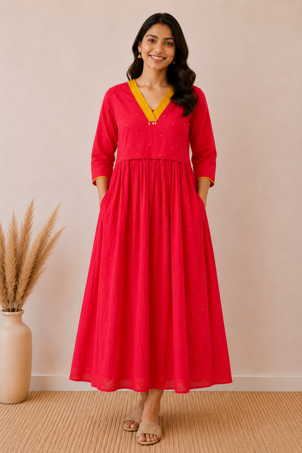 Red with Kantha Neck Design Handloom Feeding Maxi