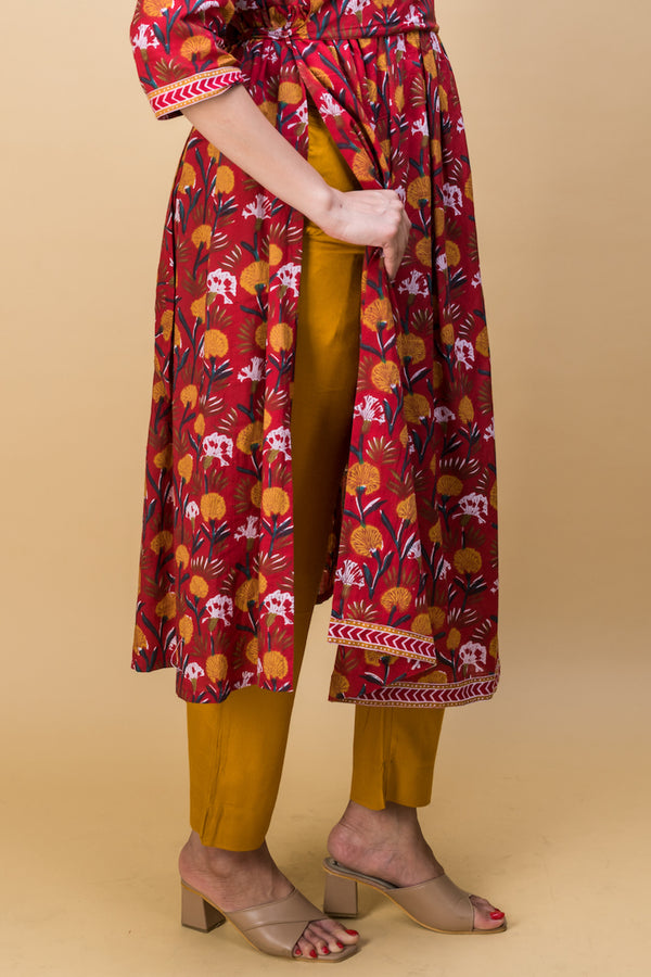 Red Mustard Yellow Block Print Cotton Suit Set
