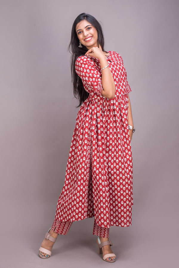 Red Floral Block Printed Suit Set