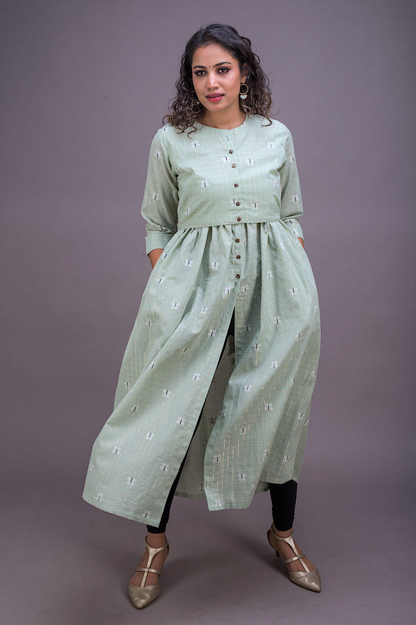 Pista Green Butterflies Handloom Maxi Dress